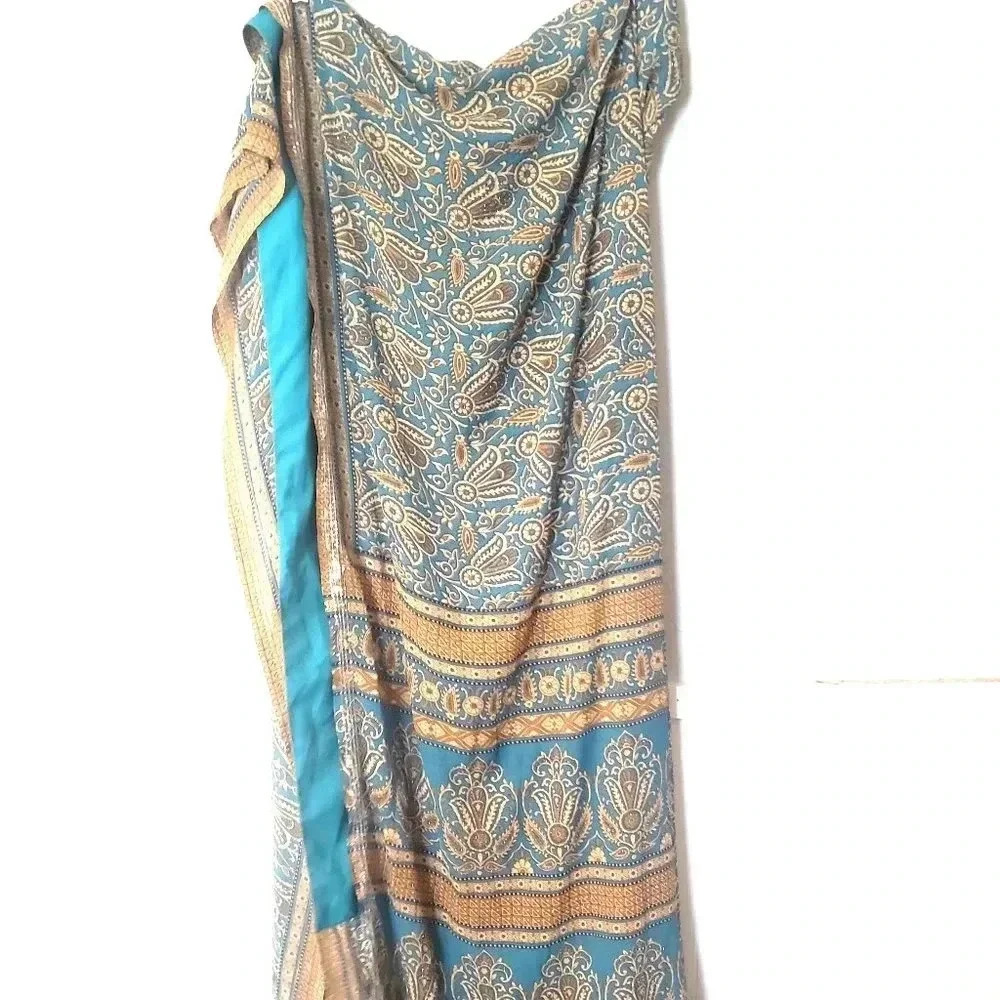 Women's Saree Teal Georgette‎ Golden Sequin Fancy Indian Ethnic Wear Sari